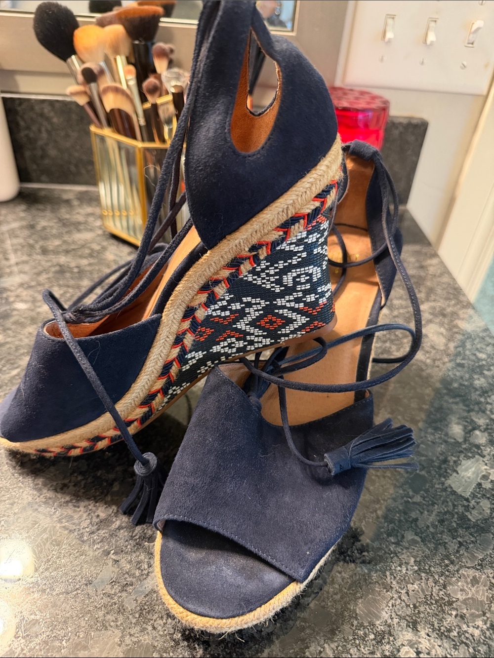 CAbi Navy Suede Lace-Up Espadrille Wedges with Patterned Heel